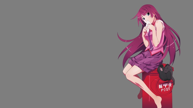young adult, red, clothing, pink color, illustration, Monogatari Series, anime, school uniform, indoors, colored background, Senjougahara Hitagi, human body part