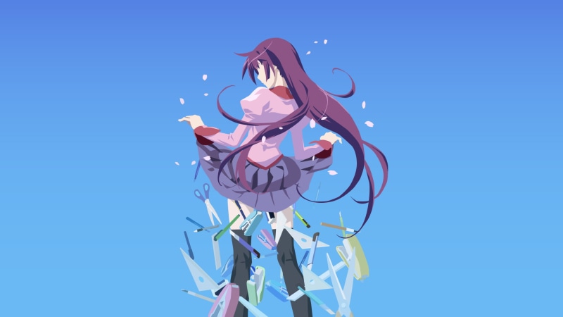 one person, Monogatari Series, anime girls, women, 1080P, Senjougahara Hitagi, flying, flower, bird, flowering plant, blue background, digital composite