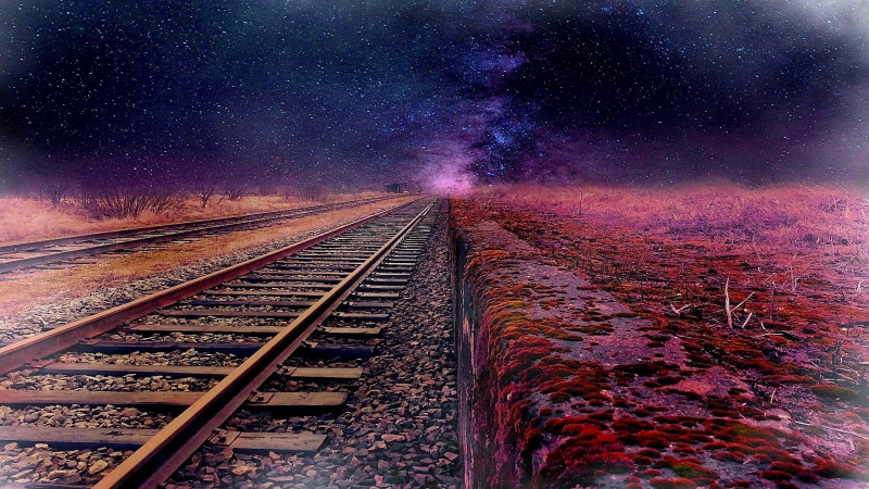 night stars, railroad, rails, track, starry night, fantasy landscape, railway, stars, milky way, night, night sky, tracks, 4K