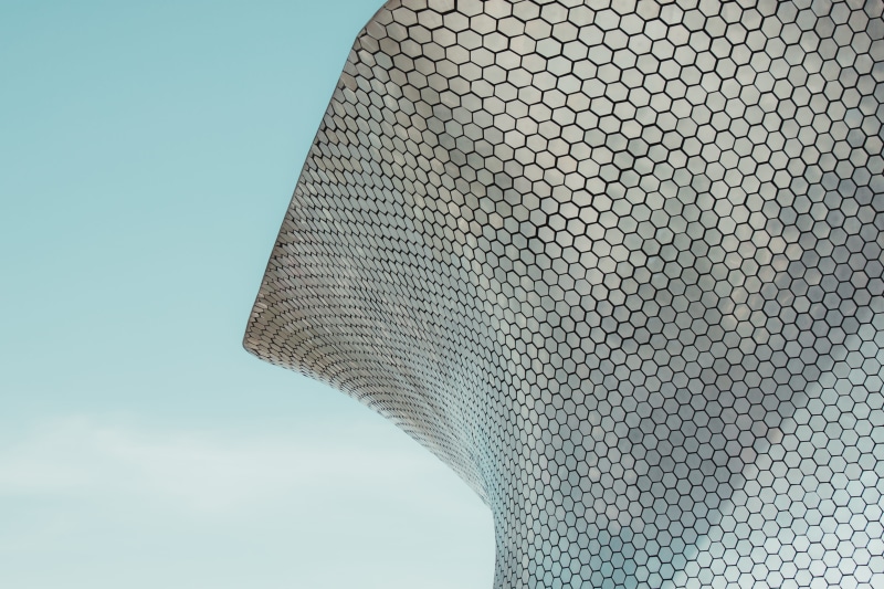 minimal, museum, structure, minimalist, modern, technology, 4K, facade, grid, metallic, aluminuium, metal, backgrounds, curve, curved, steel, building