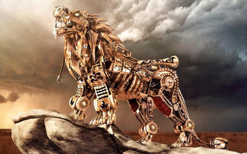 steampunk, 1080P, wolf, 1920x1200, wallwuzz, Fantasy, mechanical, mechanical engineering, iron