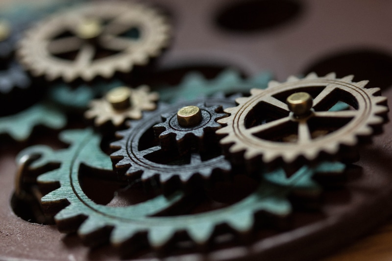 engine, steampunk, tabletop, teamwork, Mondays, cooperation, Macro, black, wood  green, tan, 4K, steel, close-up, black metal, metal, technology, industry