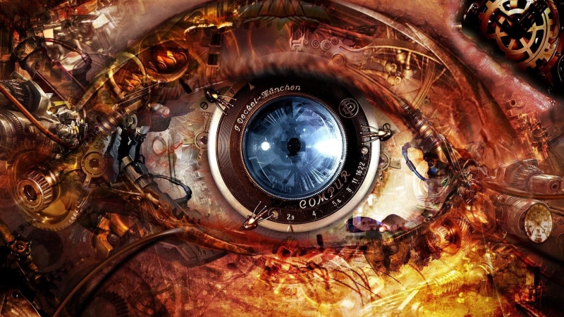 lens, abstract, gears, futuristic, eyes, clocks, 1080P, time, steampunk, cyberpunk, mechanism, cameras