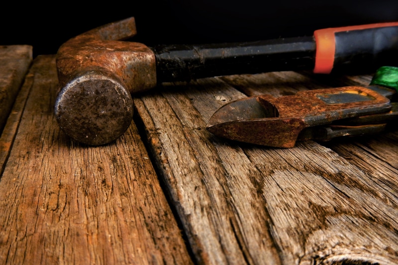 equipment, focus on foreground, decline, close-up, hand tool, wood - material, still life, old, rusty, industry, construction, wood, work tool, table, no people