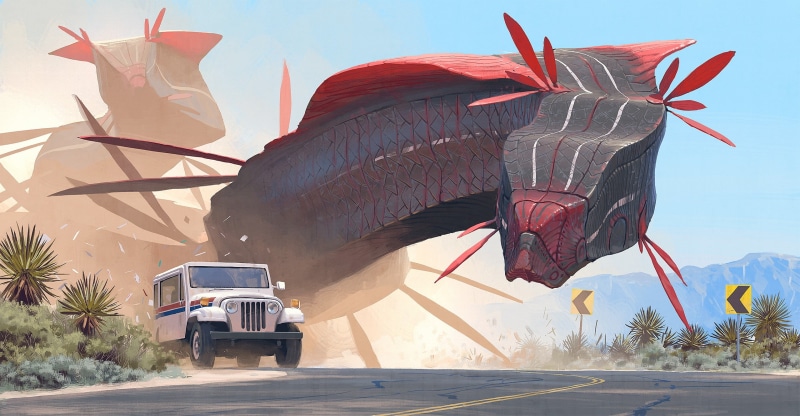 Simon Stålenhag, clear sky, artwork, frame, day, transportation, car, plant, no people, motor vehicle, tree, road, mode of transportation, land vehicle
