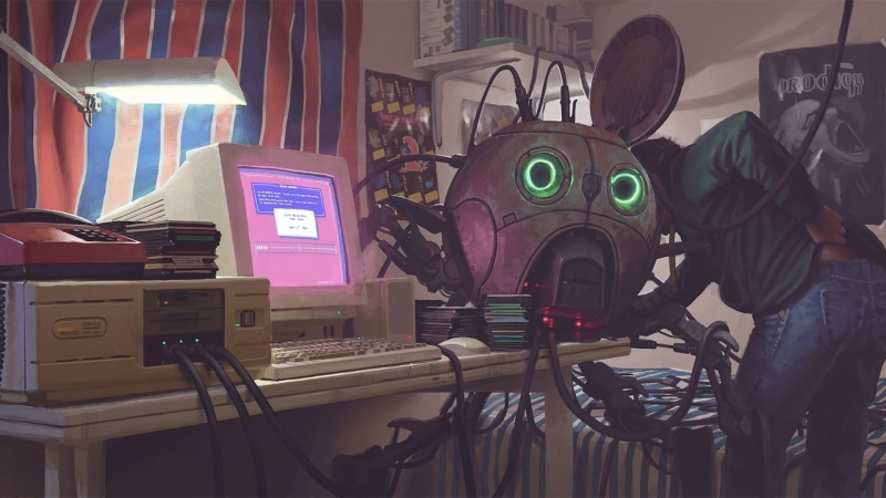 Simon Stålenhag, occupation, computer, artwork, lighting equipment, furniture, science fiction, no people, flat, table, tower, screen, white, technology