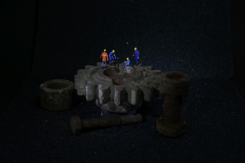 model construction figure, art, representation, people, technical devices, black background, funny, metal, motor, miniature, 5K, night, night construction site