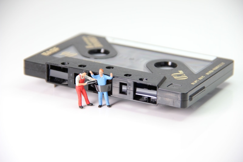 adult, technology, industry, little man, music cassette, h0, indoors, caught, standing, men, equipment, miniature, model construction figure, humorous