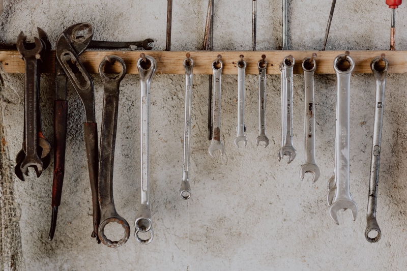 repair, hanging, equipment, garage, old, built structure, toolbox, fix, hand tool, screwdriver, spanner, choice, electrical equipment, indoors, wrench