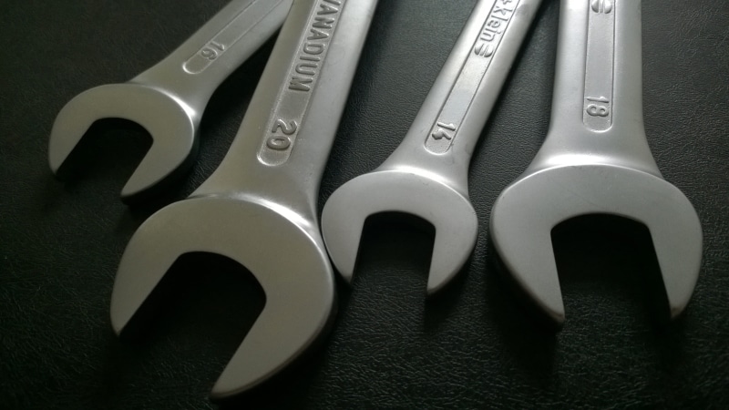 Metal, spanner, Wrench, close-up, airplane, Sizes, open, ended, repairing, alphabet, group of objects, black background, number, air vehicle, variation