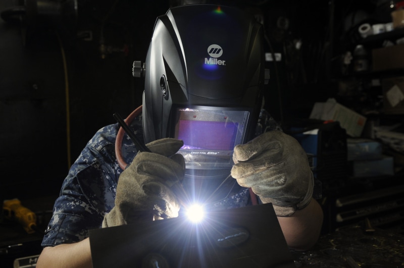 worker, labor, adult, working, holding, occupation, front view, 2K, men, safety, protective workwear, one person, indoors, military, skill, welding, metal industry
