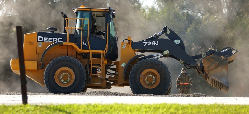 black, building, deere, transportation, dig, scoop, land vehicle, mover, machine, orange, loader, industry, heavy equipment, excavator, construction, road