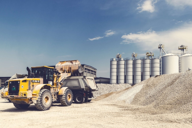 work, sky, metal, excavator, silos, low angle view, soil, construction industry, commercial land vehicle, industrial area, gravel, vehicle, 4K, heavy equipment