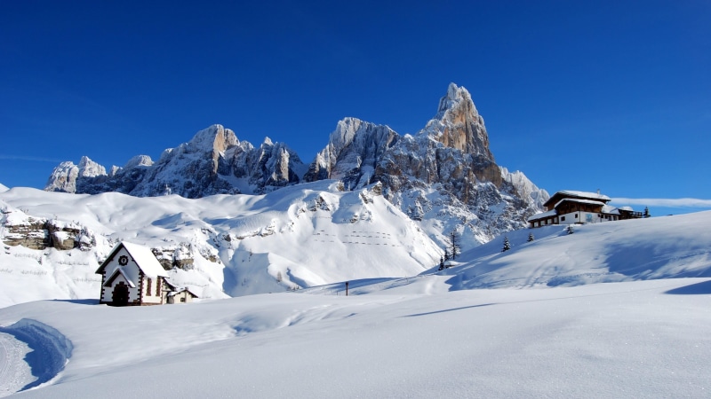 mountain peak, mountain, chapel, white color, mountain range, non-urban scene, sky, 4K, sunlight, cimon della pala, pale di san martino, village, trentino