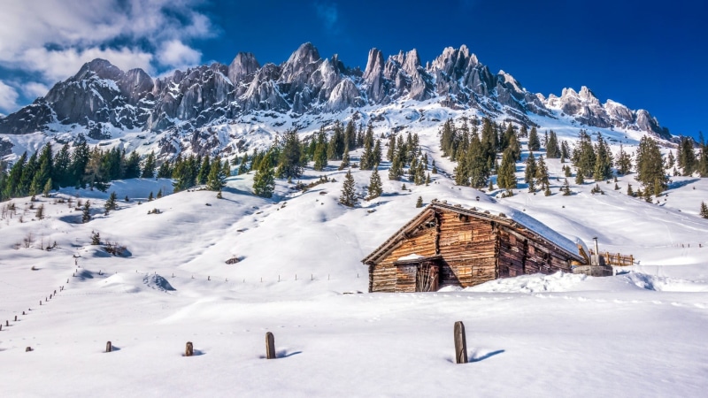 tree, italy, 1080P, snow, sky, peaks, egde, freezing, winter, cloud, massif, mountain, alps, mountain range, dolomites, house, property, wilderness
