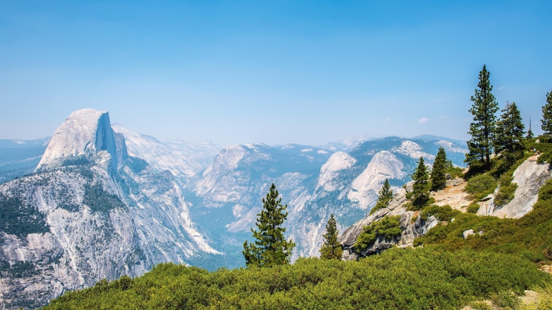 woody plant, 5K, mountain, yosemite valley, viewpoint, panorama, tree, glacier point, sky, half dome, national park, 5k, vista, nature, view, 5k uhd, hill station