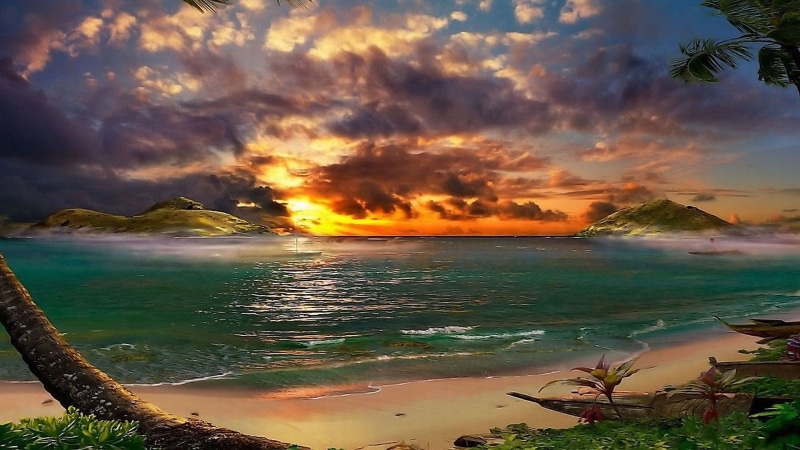 paradise, cloud, wave, sky, 1080P, scenic, outdoor, water, travel, holiday, waves, seaside, bay, shoreline, ocean, tree, coastline, tropical, landscape