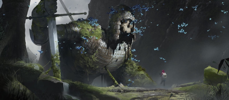 giant, mist, architecture, women, incidental people, fantasy art, tree, one person, representation, outdoors, water, Armored, moss, sculpture, skull, skeleton