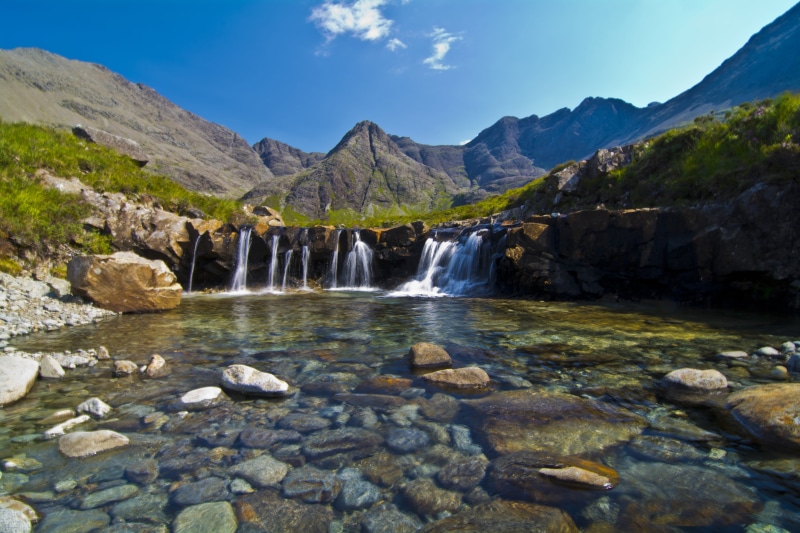 flowing, scenics - nature, rock, stream - flowing water, united kingdom, 5K, no people, water, environment, mountain range, sky, solid, the fairy pools