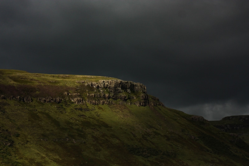 highland, land, sky, cliff, scenics - nature, green, cloud, dark, shadow, isle of skye, outdoors, non-urban scene, grass, mountain, hill, skye, stormy
