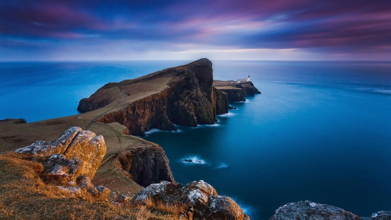 rock, cape, scotland, travel destinations, united kingdom, beach, sky, cliff, rocky coastline, dusk, promontory, seascape, horizon over water, coast, rock - object