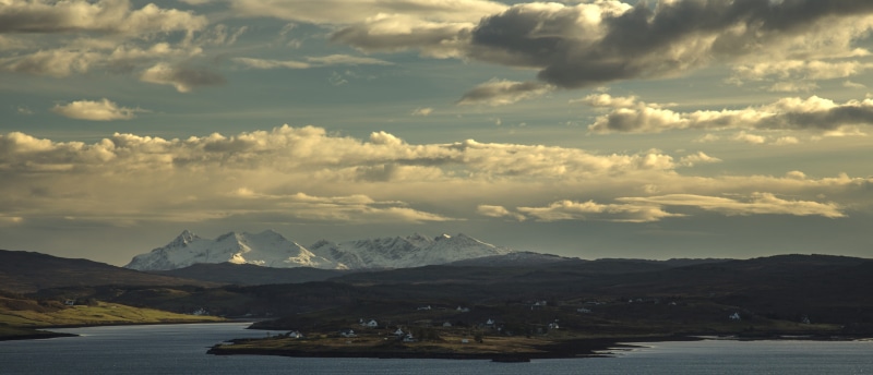 snow, scotland, mountain range, skye, sea, nature, landscape, environment, sky, 5K, water, winter, scenics - nature, road, tranquil scene, cuillin, dramatic sky