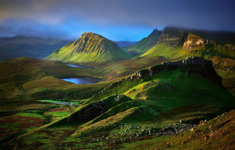 Highland council area, mountains, valley, Scotland, green, Isle of Skye, isle, morning, rocks, brown, hills, clouds, 1080P, Lake, skye