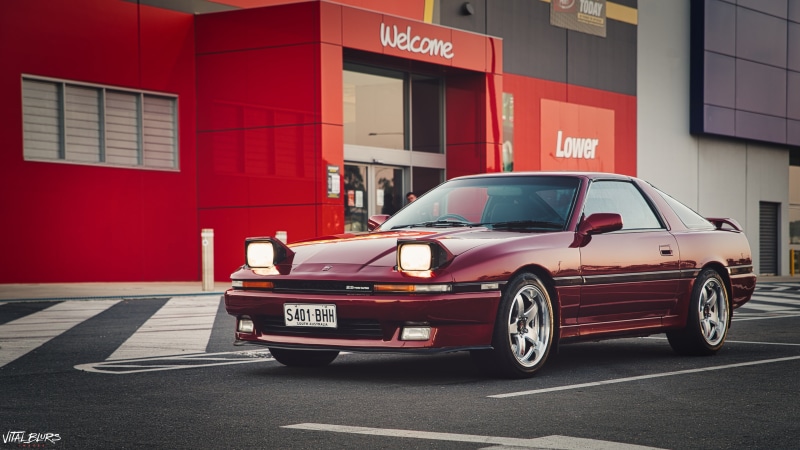 JDM, Toyota Supra MK3, Japanese cars, car park, Toyota, car, sports car, 4K, outdoors, Toyota Supra, vehicle, asphalt, pop-up headlights, red cars