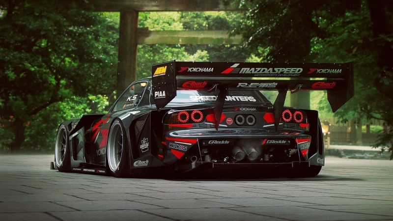 automotive design, stationary, vehicle, forest, outdoors, mazda rx-7, racing, performance car, red, luxury vehicle, car, tree, motorsport, sports car, auto racing