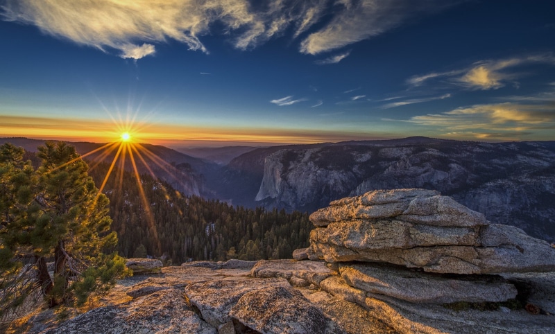 stones, sun, park, trees, 1080P, rocks, Yosemite National Park, mountains, Sunset, sky, yosemite, national