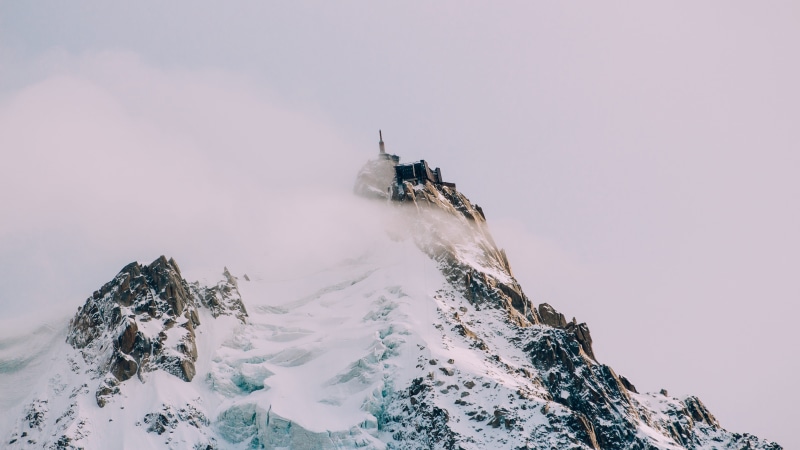 5K, adventure, beauty in nature, aiguille du midi, rock, environment, day, mountain peak, chamonix-mont-blanc, snow, outdoors, fog, snowcapped mountain