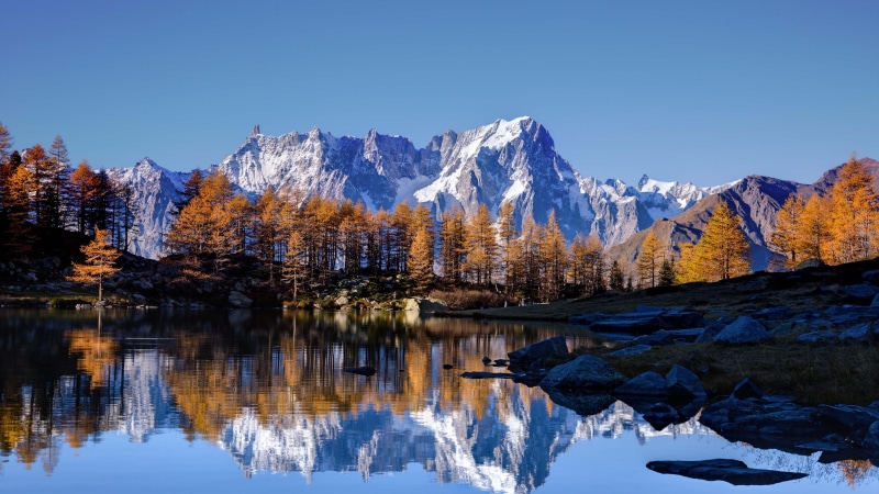 alps, reflection, 5k, tree, mont blanc, 5K, sky, mountain, mountain range, 5k uhd, nature, autumn, lake, water, french alps, mountain lake