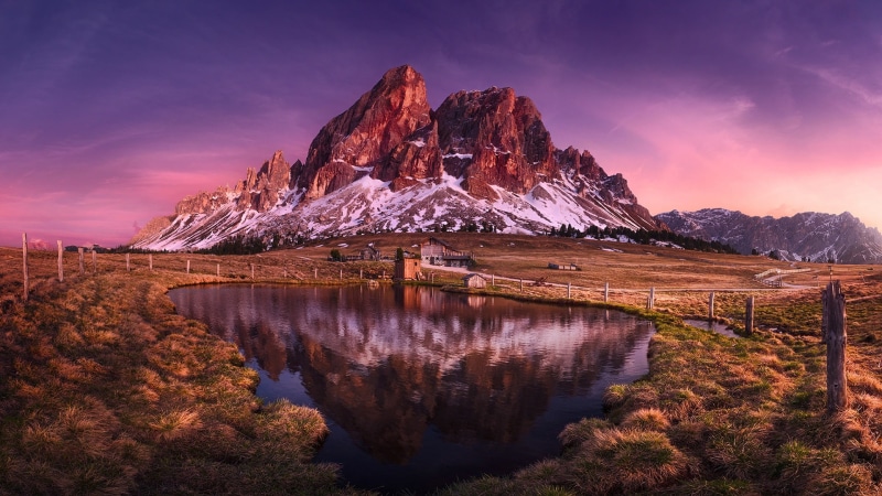 wackerer lake, italy, south tyrol, eu, purple sky, evening, puez odle natural park, nature, puez-odle natural park, sky, mountain lake, reflection, mountain