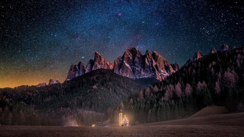 purple, tree, st johann church, panoramic, starry sky, villnoss valley, astronomy, alps, night sky, church, starry, peaks, valley, illuminated, san giovanni