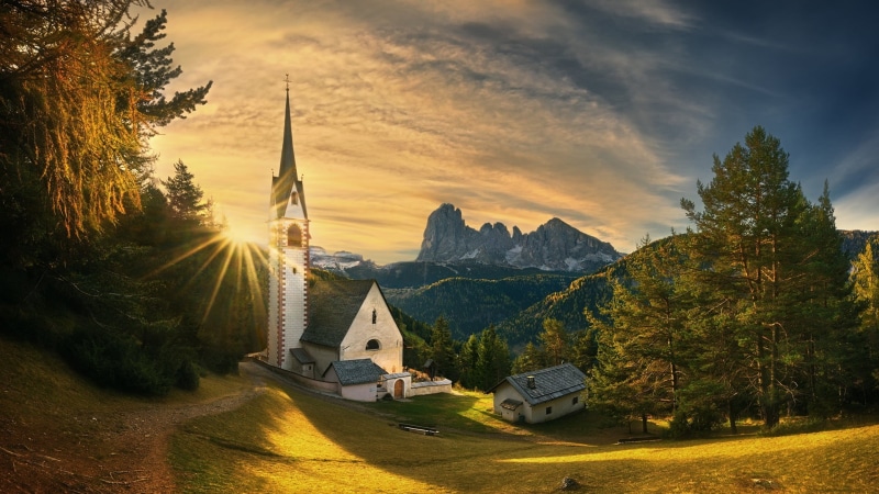 ortisei, cloud - sky, mount scenery, mountain village, spire, 1080P, dolomites, place of worship, st ulrich, landmark, tower, cloud, landscape, urtijei