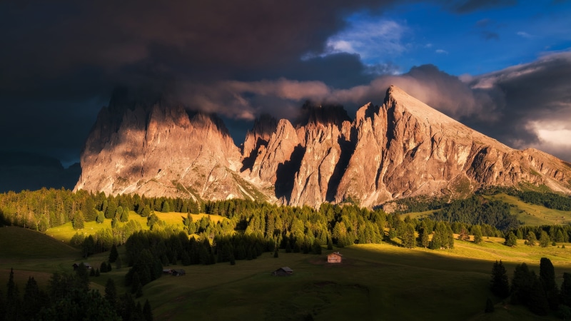 south tyrol, tree, rock formation, plant, no people, mountain village, 4K, langkofel group, beauty in nature, outdoors, europe, idyllic, landscape, yellow