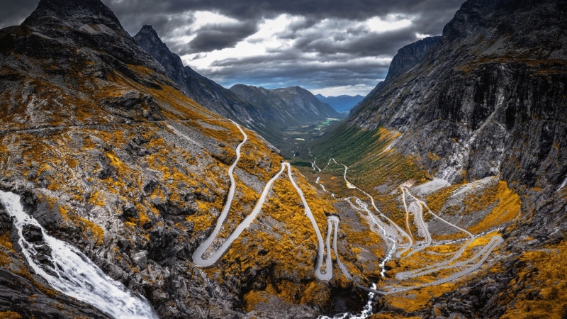 trollstigen, rock, highland, idyllic, environment, ridge, curvy road, tranquility, solid, formation, plant, road, rocky, 1080P, outdoors, landscape, mountain range