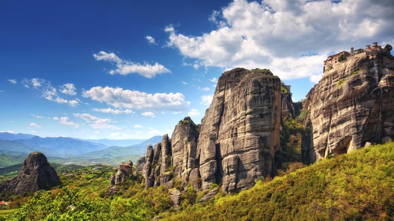 cloud, tranquility, tree, environment, scenics - nature, solid, 4K, monastery, cliff, mountainous landforms, non-urban scene, greece, land, rock - object