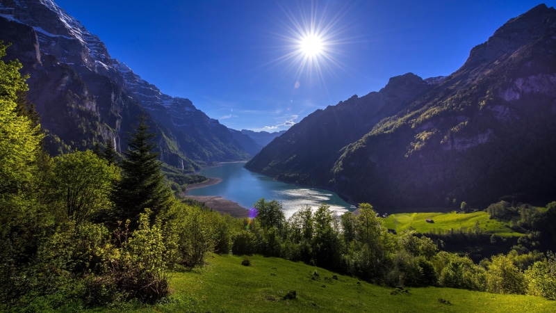 glarus, klontalersee, lake, sunlight, sun, europe, sunshine, 5K, klontal lake, blue sky, landscape, mountain range, highland, klontal valley, wilderness
