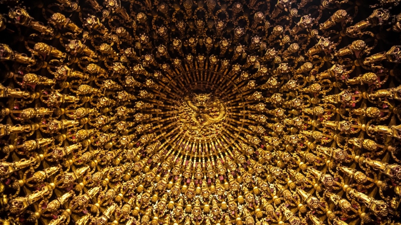 backgrounds, lighting equipment, circle, indoors, design, decor, close-up, ornate, shape, temple, abundance, Taiwan, ceiling, wall, art and craft, illuminated