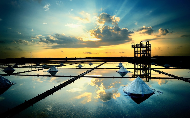 environment, tranquil scene, landscape, outdoors, industry, water, reflection, transportation, sky, 1080P, no people, salt flat, tranquility, beauty in nature
