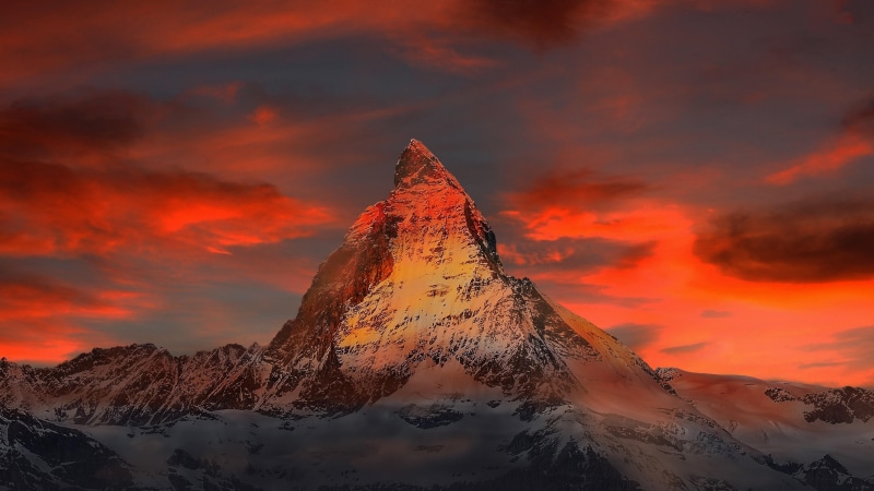 4K, sky, switzerland, swiss alps, europe, matterhorn, orange sky, zermatt, peak, alpine peak, alps, alpine, snow, pennine alps