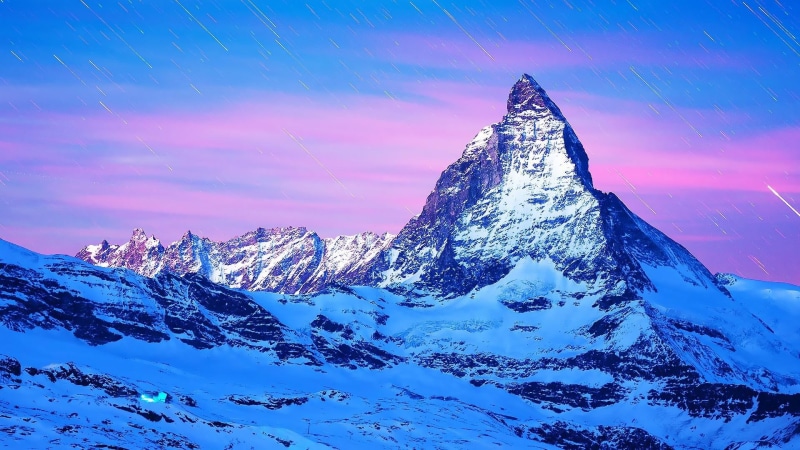 swiss alps, mount scenery, mountain peak, astronomy, snow, purple sky, 1080P, alps, star - space, nature, winter, snowy, travel destinations, no people