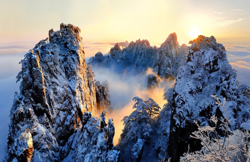 scenics - nature, idyllic, plant, solid, tranquil scene, mountain peak, beauty in nature, nature, snow, covering, trees, clouds, Anhui, China, winter, light