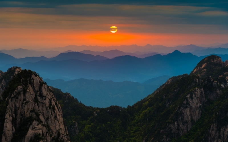 sunset, 1080P, Sunrise, Anhui, Dawn, China, Trees, Huangshan, Red, Mountains, Sky