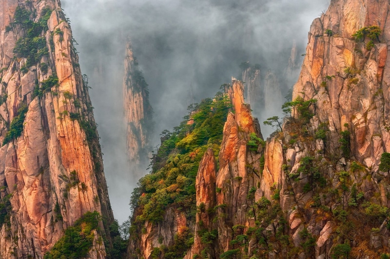 Huangshan, China, mountains, 1080P, pine, Anhui province, rocks, haze, yellow mountain, granite rocks, trees, fog