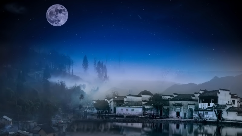 china, reflection, 5k uhd, anhui, yixian, huangshan, asia, darkness, night sky, starry sky, full moon, 5K, night, 5k, village, yi county