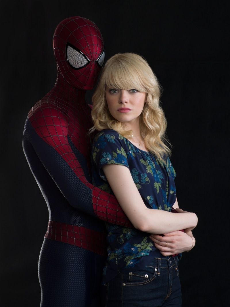 2K, studio shot, Spider-Man, waist up, fashion, standing, emotion, portrait, depression - sadness, Gwen Stacy, beautiful woman, young adult, black background