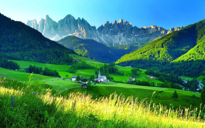 mountain, peaks, alps, eastern, blue, 1080P, beautiful, central, sky, green, village, summer, chain, grass, flowers