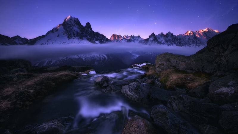 snow, river, rock, mountain, harsh, landscapes, fog, 1080P, landscape, desktop, star, blue, mountains, hd